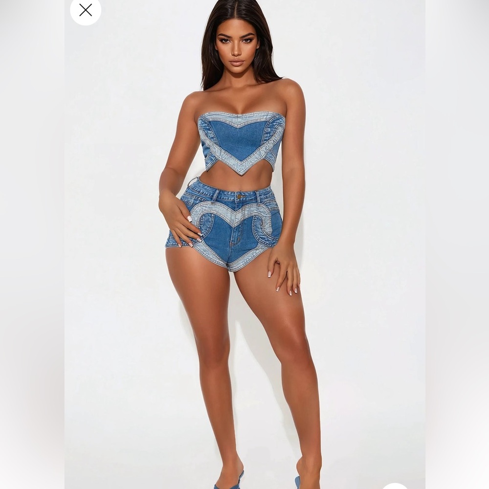 I Heart You Two-Piece Strapless Denim Crop Top & Shorts Set by Fashion Nova